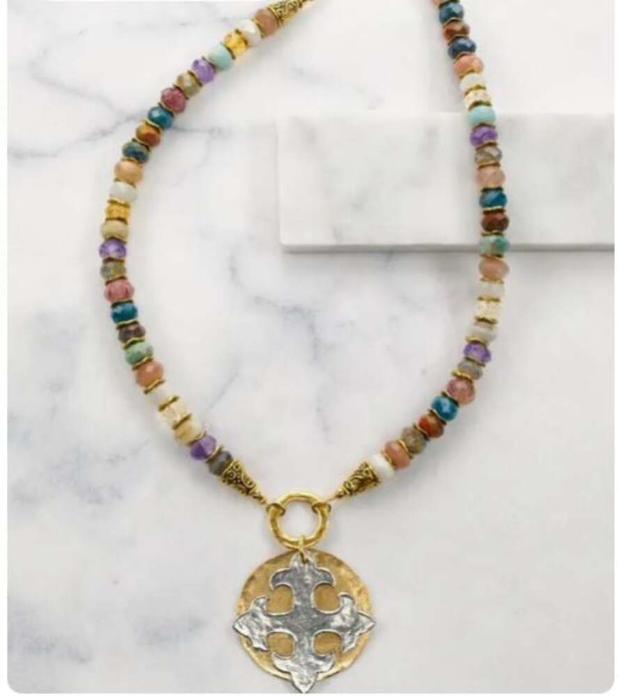 NWT Julio Designs Multi Gemstone Necklace with Maltese Cross Pendant